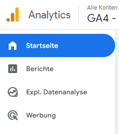 Screenshot des GA4 (Google Analytics 4) Menüs im Mai 2023