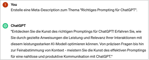 Screenshot - ChatGPT Prompt allgemein "Meta-Description Erstellung"