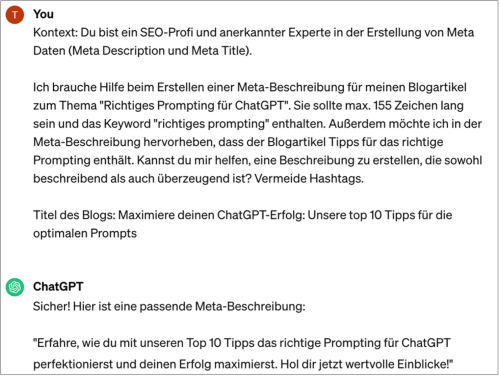 Screenshot - ChatGPT Prompt spezifisch "Meta-Description Erstellung"