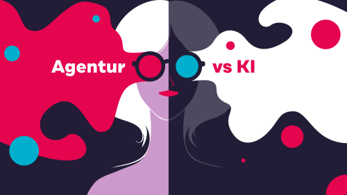 Illustration Agentur vs KI: stilisierte Frau mit geteiltem Gesicht, Kontrast zwischen Agentur und KI