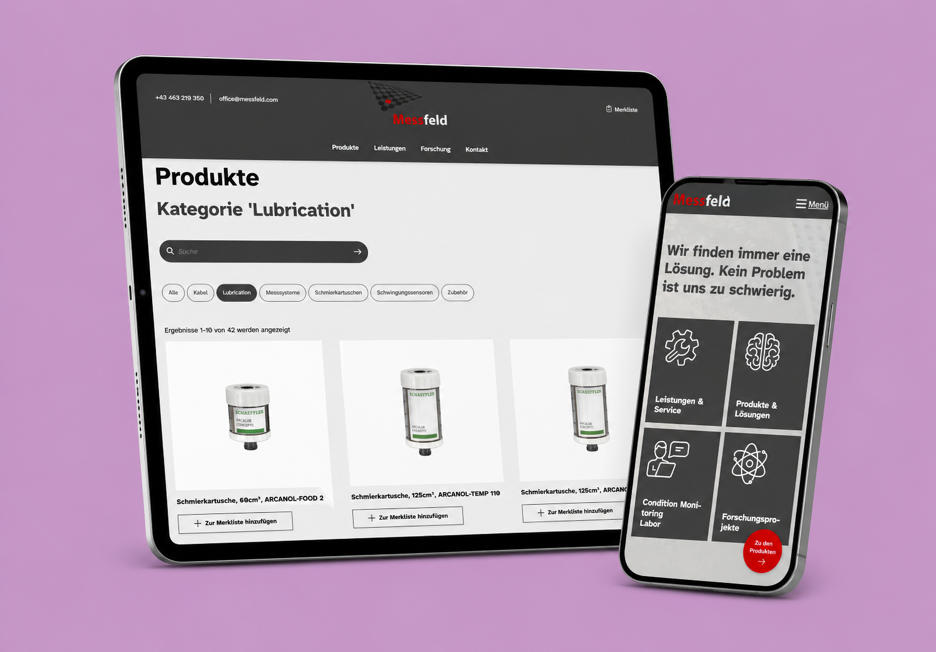 Laptop und Smartphone nebeneinander, die verschiedene Ausschnitte der Website Messfeld in der mobilen Version und Desktop zeigen