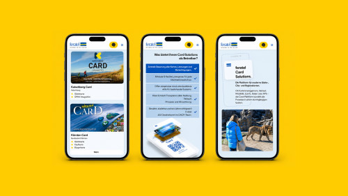 Smartphones nebeneinander, die verschiedene Ausschnitte der Website Feratel Card Solutions in der mobilen Version zeigen