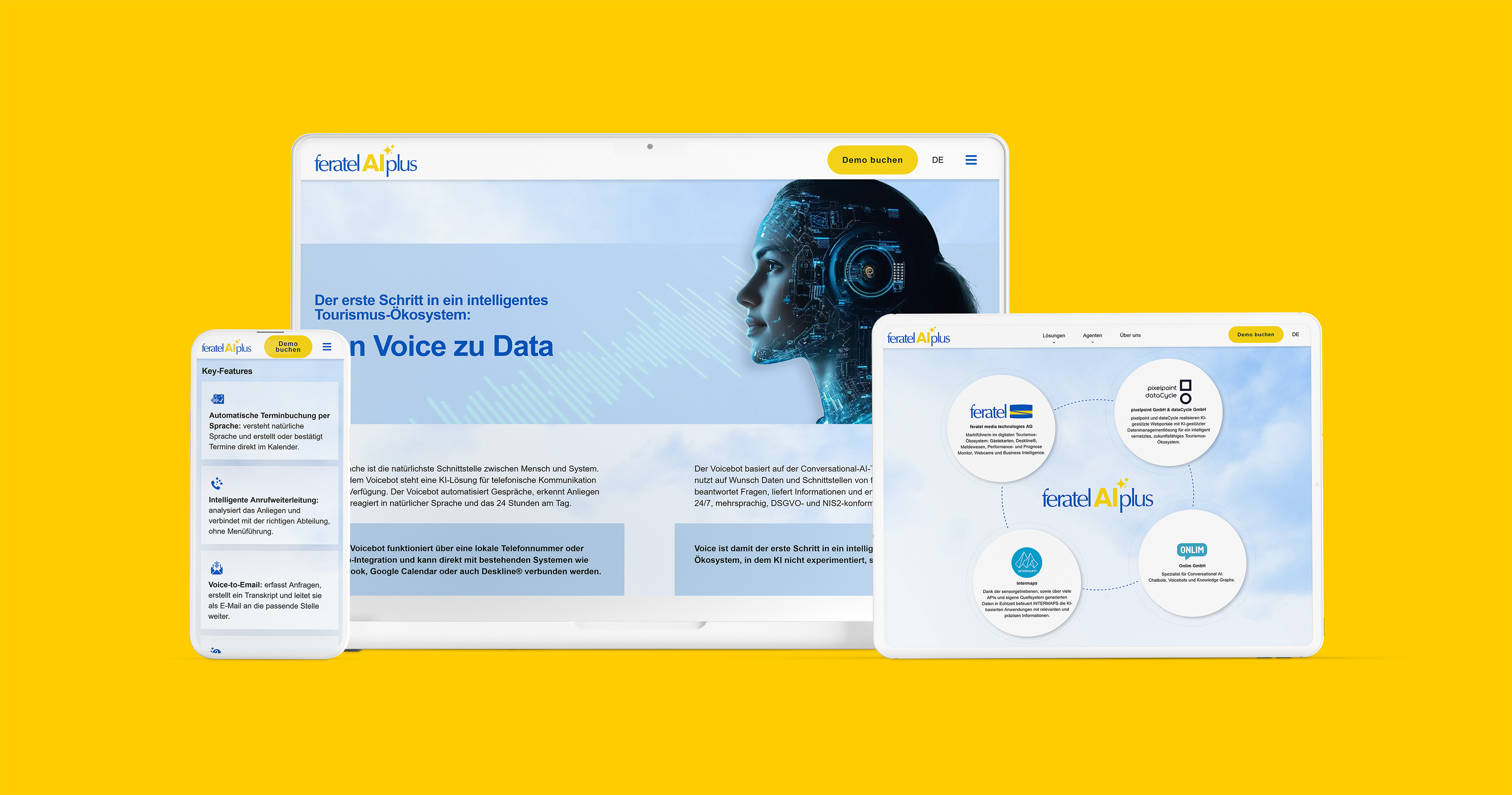 Smartphones nebeneinander, die verschiedene Ausschnitte der Website feratelAiplus Website zeigen