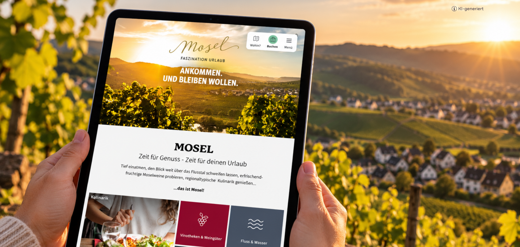 Person hält ein Tablet mit der Website der Moselregion vor einer sonnigen Aussicht auf Weinberge. Die Website wurde von pixelpoint umgesetzt.